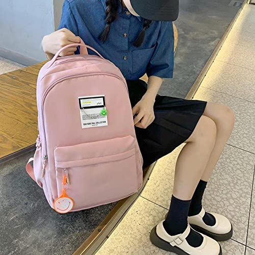 JHTPSLR Preppy Backpack Smiley Face Solid Preppy Aesthetic Backpack with Accessories Teen Girls Back to School Supplies (Pink)