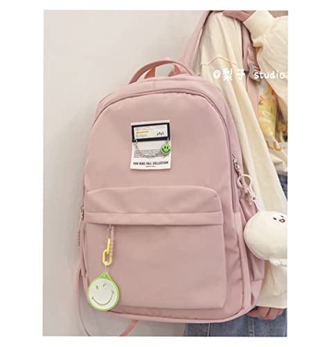 JHTPSLR Preppy Backpack Smiley Face Solid Preppy Aesthetic Backpack with Accessories Teen Girls Back to School Supplies (Pink)