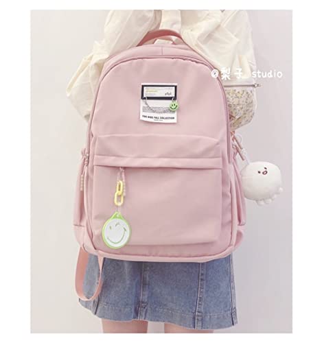 JHTPSLR Preppy Backpack Smiley Face Solid Preppy Aesthetic Backpack with Accessories Teen Girls Back to School Supplies (Pink)