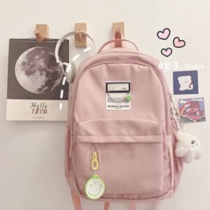 JHTPSLR Preppy Backpack Smiley Face Solid Preppy Aesthetic Backpack with Accessories Teen Girls Back to School Supplies (Pink)