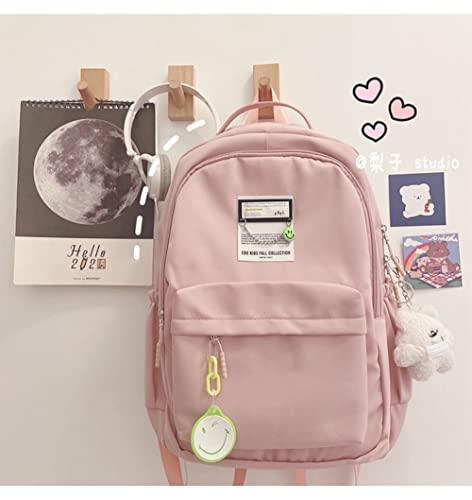 JHTPSLR Preppy Backpack Smiley Face Solid Preppy Aesthetic Backpack with Accessories Teen Girls Back to School Supplies (Pink)