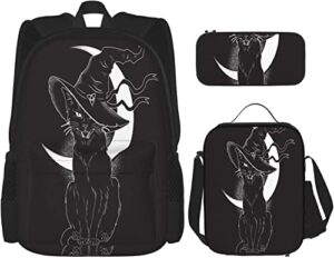 backpack combination with lunch bag pencil case set black cat pointy witch hat school 3 in 1 bookbags set