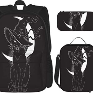 Backpack Combination with Lunch Bag Pencil Case Set Black Cat Pointy Witch Hat School 3 in 1 Bookbags Set