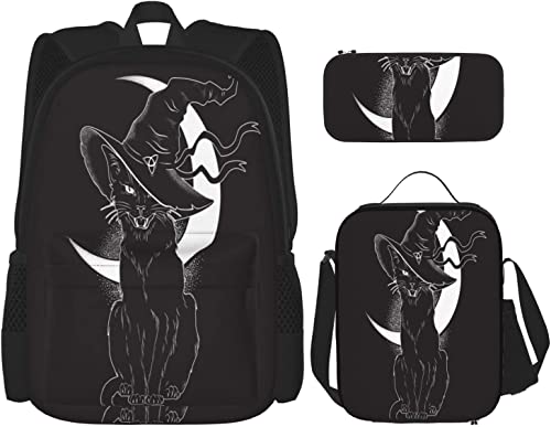 Backpack Combination with Lunch Bag Pencil Case Set Black Cat Pointy Witch Hat School 3 in 1 Bookbags Set