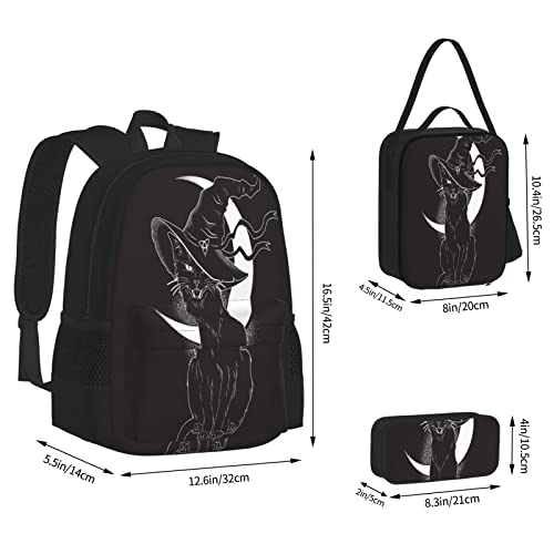 Backpack Combination with Lunch Bag Pencil Case Set Black Cat Pointy Witch Hat School 3 in 1 Bookbags Set