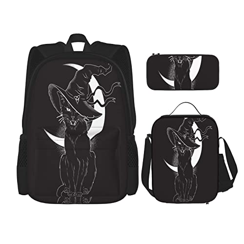 Backpack Combination with Lunch Bag Pencil Case Set Black Cat Pointy Witch Hat School 3 in 1 Bookbags Set