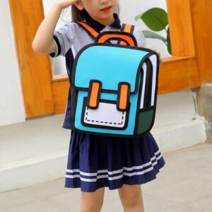Aobiono Kawaii Backpack Cute Cartoon 3D Jump Style 2D Drawing from Comic Paper Anime Bookbag School Supplies Fun Daypack (Blue)