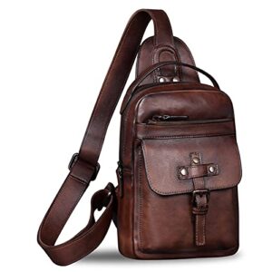 genuine leather sling bag chest shoulder fanny bag hiking backpack vintage handmade crossbody daypack (coffee)