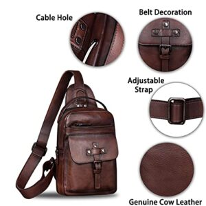 Genuine Leather Sling Bag Chest Shoulder Fanny Bag Hiking Backpack Vintage Handmade Crossbody Daypack (Coffee)