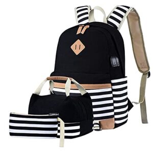 btrliacy canvas school bags striped rucksack casual daypack laptop backpack college student bag backpack for women teenage girls, with lunch box bag pencil case