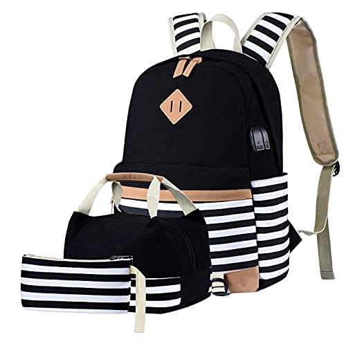 BTRLIACY Canvas School Bags Striped Rucksack Casual Daypack Laptop Backpack College Student Bag Backpack for Women Teenage Girls, with Lunch Box Bag Pencil Case