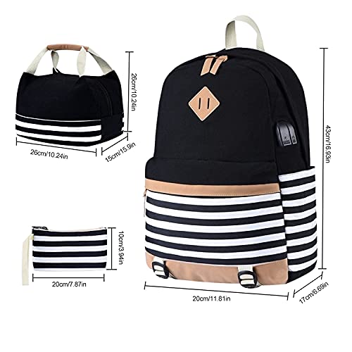 BTRLIACY Canvas School Bags Striped Rucksack Casual Daypack Laptop Backpack College Student Bag Backpack for Women Teenage Girls, with Lunch Box Bag Pencil Case