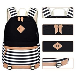 BTRLIACY Canvas School Bags Striped Rucksack Casual Daypack Laptop Backpack College Student Bag Backpack for Women Teenage Girls, with Lunch Box Bag Pencil Case