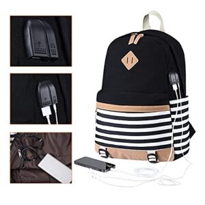 BTRLIACY Canvas School Bags Striped Rucksack Casual Daypack Laptop Backpack College Student Bag Backpack for Women Teenage Girls, with Lunch Box Bag Pencil Case