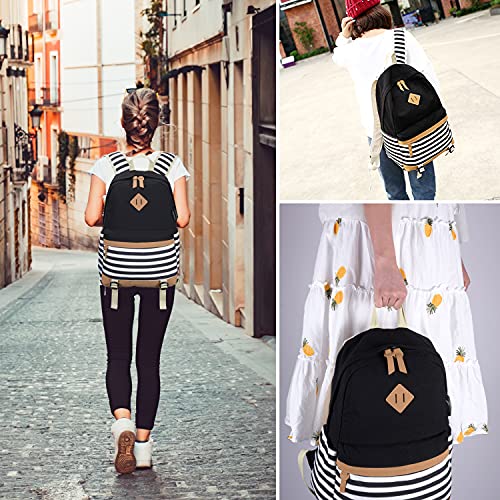 BTRLIACY Canvas School Bags Striped Rucksack Casual Daypack Laptop Backpack College Student Bag Backpack for Women Teenage Girls, with Lunch Box Bag Pencil Case