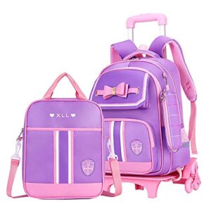 ZHANAO Rolling Trolley Bag Wheeled Backpack Bowknot for Girls Primary Schoolbag 3Pcs with Crossbody Bag Pencil Case