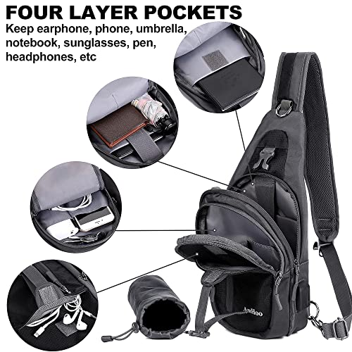 AmHoo Sling Backpack Chest Shoudler Crossbody Bag Water Resistant Hiking Daypack Small Black