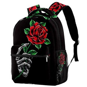 niaocpwy skeleton hand holding red rose school backpack medium size, travel bag for women girls men boys teens
