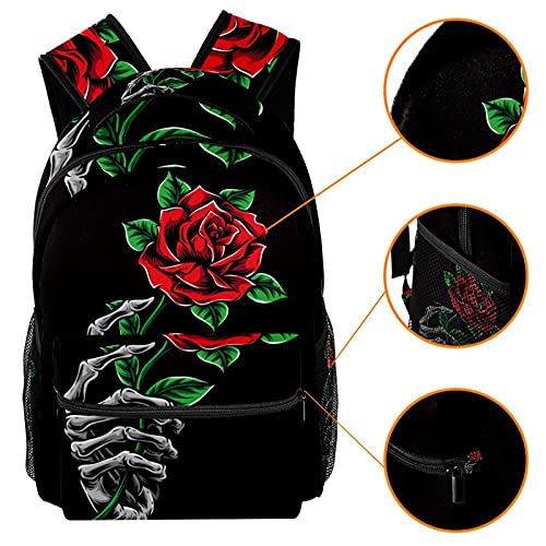 Niaocpwy Skeleton Hand Holding Red Rose School Backpack Medium Size, Travel Bag For Women Girls Men Boys Teens