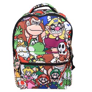 nintendo super mario backpack for boys & girls, school bag with front pocket, allover character print gaming bookbag with padded back and adjustable mesh straps