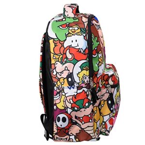 Nintendo Super Mario Backpack for Boys & Girls, School Bag with Front Pocket, Allover Character Print Gaming Bookbag with Padded Back and Adjustable Mesh Straps