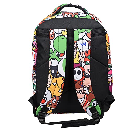 Nintendo Super Mario Backpack for Boys & Girls, School Bag with Front Pocket, Allover Character Print Gaming Bookbag with Padded Back and Adjustable Mesh Straps