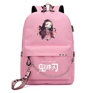 demon slayer backpack nezuko kimetsu with usb charging port, personalized casual travel boys girls student backpacks. (pink)