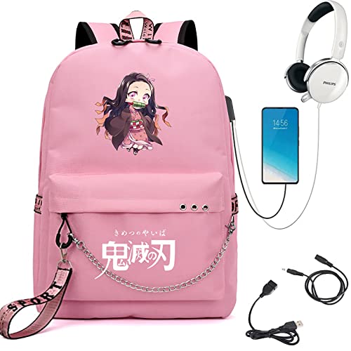 Demon Slayer Backpack Nezuko Kimetsu with USB Charging Port, Personalized Casual Travel Boys Girls Student Backpacks. (Pink)