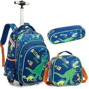 egchescebo boys rolling backpacks kids backpack with wheels for school bags luggage with wheels trolley wheeled backpacks 3pcs 16“ dinosaur travel bags boys with lunch box blue