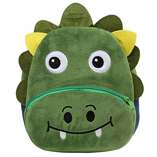 Cute Toddler Backpack for Boys and Girls, KASQO 9.4" 3D Soft Plush Animal Mini Lightweight Travel Bag for Baby 2-6 Years Old, Green Dinosuar