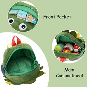 Cute Toddler Backpack for Boys and Girls, KASQO 9.4" 3D Soft Plush Animal Mini Lightweight Travel Bag for Baby 2-6 Years Old, Green Dinosuar