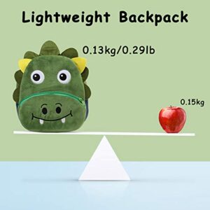 Cute Toddler Backpack for Boys and Girls, KASQO 9.4" 3D Soft Plush Animal Mini Lightweight Travel Bag for Baby 2-6 Years Old, Green Dinosuar
