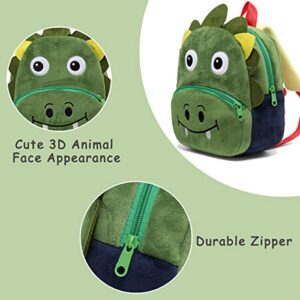 Cute Toddler Backpack for Boys and Girls, KASQO 9.4" 3D Soft Plush Animal Mini Lightweight Travel Bag for Baby 2-6 Years Old, Green Dinosuar