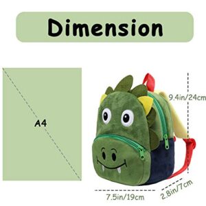 Cute Toddler Backpack for Boys and Girls, KASQO 9.4" 3D Soft Plush Animal Mini Lightweight Travel Bag for Baby 2-6 Years Old, Green Dinosuar