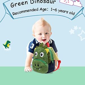 Cute Toddler Backpack for Boys and Girls, KASQO 9.4" 3D Soft Plush Animal Mini Lightweight Travel Bag for Baby 2-6 Years Old, Green Dinosuar