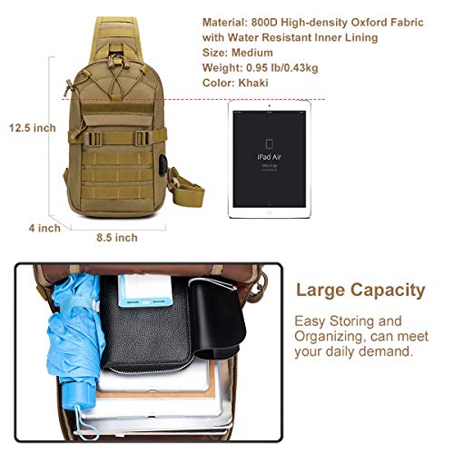 BraveHawk OUTDOORS Tactical Sling Bag, 800D Military Nylon EDC Crossbody Daypack Pack (Khaki)