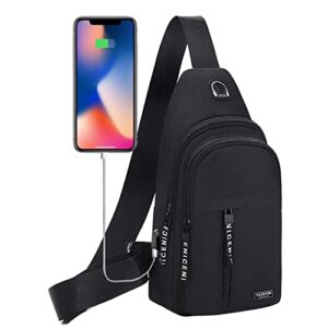 waterproof crossbody sling backpack multipurpose shoulder bag travel hiking chest bag daypack with usb hole & headphone hole（without mobile power） (black)
