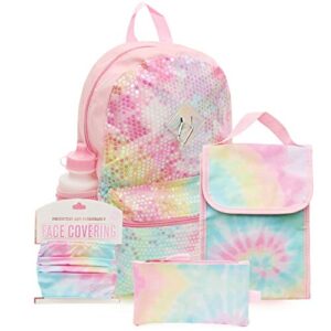 love2design sequin tie dye backpack set for girls, 16 inch, 6 pieces – includes washable cloth face mask, foldable lunch bag, water bottle, pencil case, & carabiner clip
