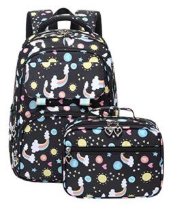 jiayou girls backpack sets primary school bookbag rainbow pattern daypack with lunch bag(black,19 liters)