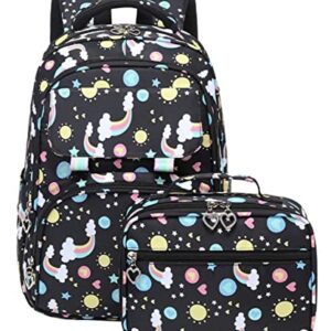 JiaYou Girls Backpack Sets Primary School Bookbag Rainbow Pattern Daypack with Lunch Bag(Black,19 Liters)
