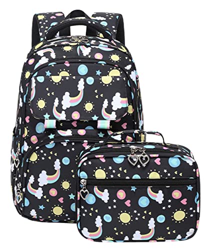 JiaYou Girls Backpack Sets Primary School Bookbag Rainbow Pattern Daypack with Lunch Bag(Black,19 Liters)