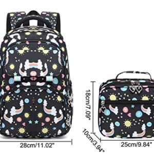 JiaYou Girls Backpack Sets Primary School Bookbag Rainbow Pattern Daypack with Lunch Bag(Black,19 Liters)