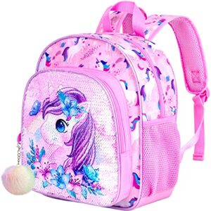 klfvb toddler backpack for girls,cute unicorn bookbag for little kids,12” sequin kindergarten preschool schoolbag