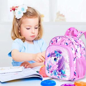 KLFVB Toddler Backpack for Girls,Cute Unicorn Bookbag for Little Kids,12” Sequin Kindergarten Preschool Schoolbag