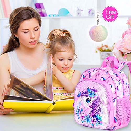 KLFVB Toddler Backpack for Girls,Cute Unicorn Bookbag for Little Kids,12” Sequin Kindergarten Preschool Schoolbag