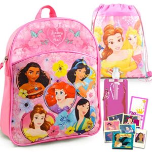 disney princess mini backpack and drawstring bag for girls – bundle with 11” disney princess mini backpack, drawstring bag, water bottle, stickers, more | princess backpack for girls