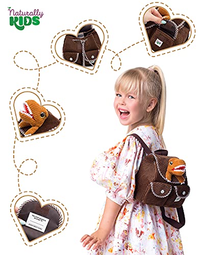 Naturally KIDS Mini Dinosaur Backpack - Very Small Toddler Backpack for Girls Boys - Dinosaur Toys for Kids 3-5 - Little Brown Backpack - Tiny T Rex