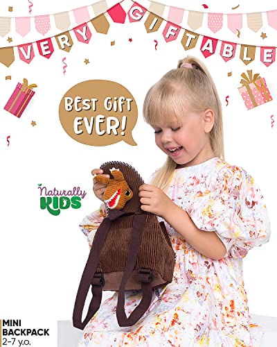 Naturally KIDS Mini Dinosaur Backpack - Very Small Toddler Backpack for Girls Boys - Dinosaur Toys for Kids 3-5 - Little Brown Backpack - Tiny T Rex