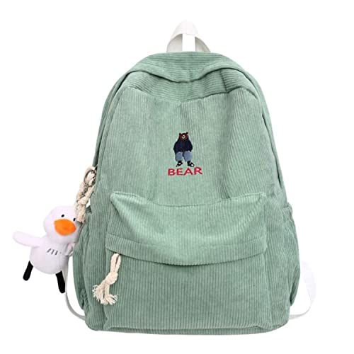 MeganJDesigns Cute Backpack Aesthetic School Large Laptop Bag with Pendant for Teen Girls Students Corduroy Backpacks (02#Green)