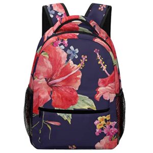 watecolor red hibiscus flower backpack for women men, fashion work bag cool travel daypack camping shopping backpack